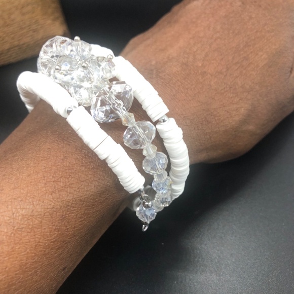 Hand Crafted Multi Clay Beads & Clear Crystals Coil Memory Wire Strand Bracelet - Picture 10 of 14